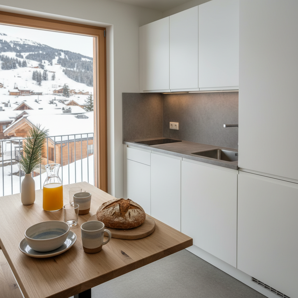 An immaculately tidy kitchen and dining area in a 2.5-room alpine apartment, featuring matte white cabinetry, a compact stone countertop, and a small natural-wood dining table set for breakfast with artisanal ceramics, fresh bread, and a glass carafe of orange juice. The setting offers a window view of snow-covered rooftops and ski slopes. Soft overcast daylight fills the room, creating gentle ambient light with no harsh shadows. Captured from a slightly elevated angle, the mood is cozy, functional, and refined, with a minimalist, modern aesthetic that emphasizes both utility and comfort.