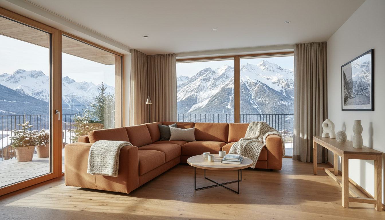 A stylishly furnished alpine apartment living room with natural wooden floors, a caramel-hued L-shaped couch adorned with textured wool throws, and minimalist oak furniture. Large windows reveal panoramic snowy mountain peaks of Bettmeralp, while a small, ceramic-tiled balcony hosts evergreen potted plants. Gentle morning sunlight pours in, creating warm highlights on the wood and casting intricate shadows from the furniture. The atmosphere feels serene and inviting, with a centered composition at eye level to showcase comfort and elegance. The image style is clean, modern, and photographic, reflecting a premium holiday rental experience.