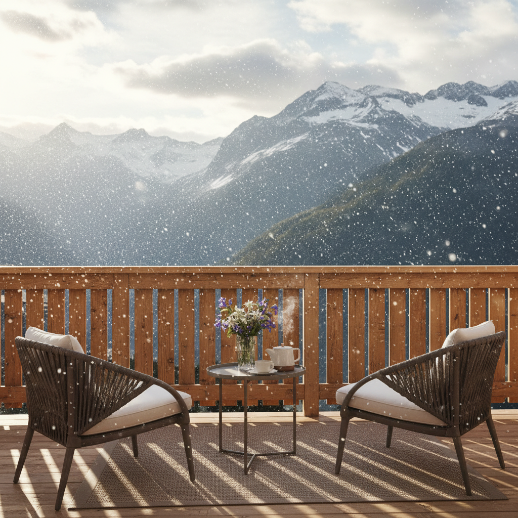 A pristine, sunlit balcony of a Bettmeralp ferienwohnung with a sturdy wooden railing and a pair of designer woven chairs arranged around a petite round table topped with a steaming teapot and mountain wildflowers. The balcony is blanketed by a gentle snowfall in the background, with dramatic alpine vistas stretching beyond. Golden late-afternoon sunlight bathes the scene, producing glowing highlights and elongated shadows across the floorboards. The composition features a sweeping view from the side, evoking a tranquil, leisurely mood within a clean, contemporary visual style.
