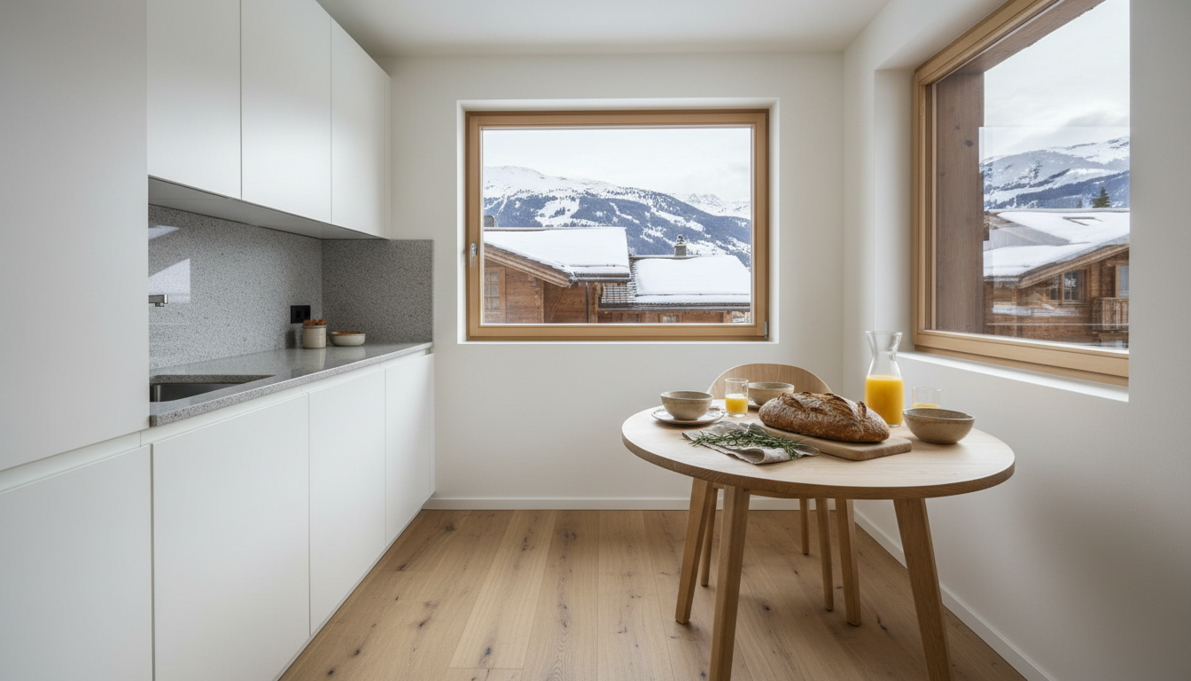An immaculately tidy kitchen and dining area in a 2.5-room alpine apartment, featuring matte white cabinetry, a compact stone countertop, and a small natural-wood dining table set for breakfast with artisanal ceramics, fresh bread, and a glass carafe of orange juice. The setting offers a window view of snow-covered rooftops and ski slopes. Soft overcast daylight fills the room, creating gentle ambient light with no harsh shadows. Captured from a slightly elevated angle, the mood is cozy, functional, and refined, with a minimalist, modern aesthetic that emphasizes both utility and comfort.