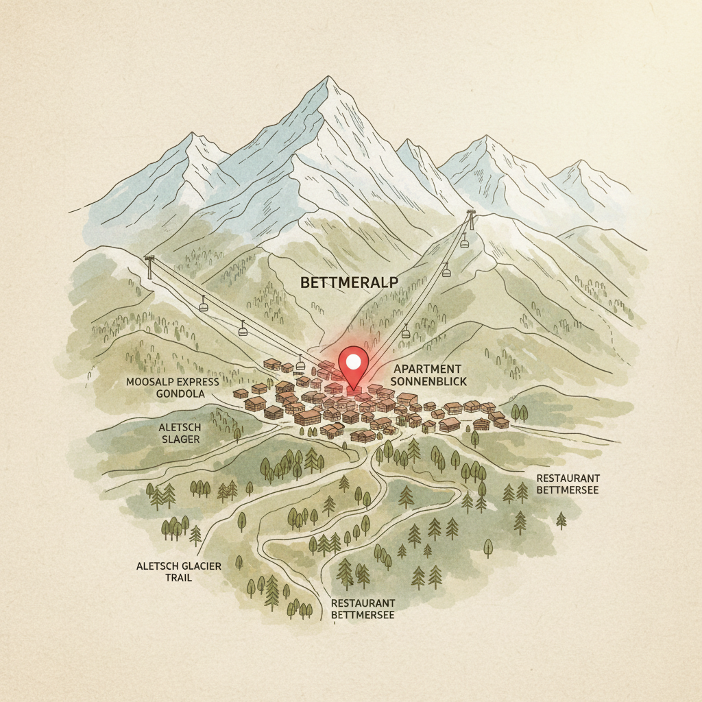 A detailed map illustration of Bettmeralp village positioned beside a highlighted apartment marker, surrounded by stylized snow-capped mountains, ski lift outlines, and forest paths. The map uses soft, earth-toned palettes with clear typography for locations and subtle textural overlays to suggest elevation and vegetation. A gentle vignette of light appears to come from the upper corner, adding depth and focus. The style is crisp, modern, and highly legible, combining functional clarity with inviting, organic design elements, suitable for quickly orienting holiday guests.