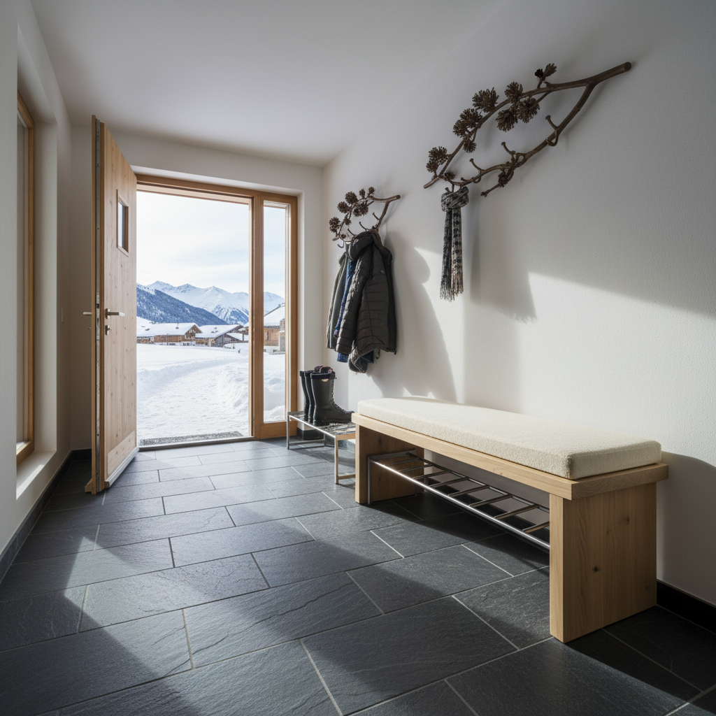 A neatly organized entryway in a high-end mountain apartment, featuring a slate-tiled floor with brushed steel boot racks, a minimalist wooden bench with woolen seat cushion, and sculptural wall hooks shaped like pine branches. The doorway provides a partial glimpse of the snowy path leading into the car-free Bettmeralp village. Diffused afternoon daylight enters from a side window, creating soft shadows and subtle highlights. Captured from a low-angle perspective, the ambiance is both practical and stylish, with a clean, clutter-free modern alpine aesthetic tailored for smooth arrivals and departures.