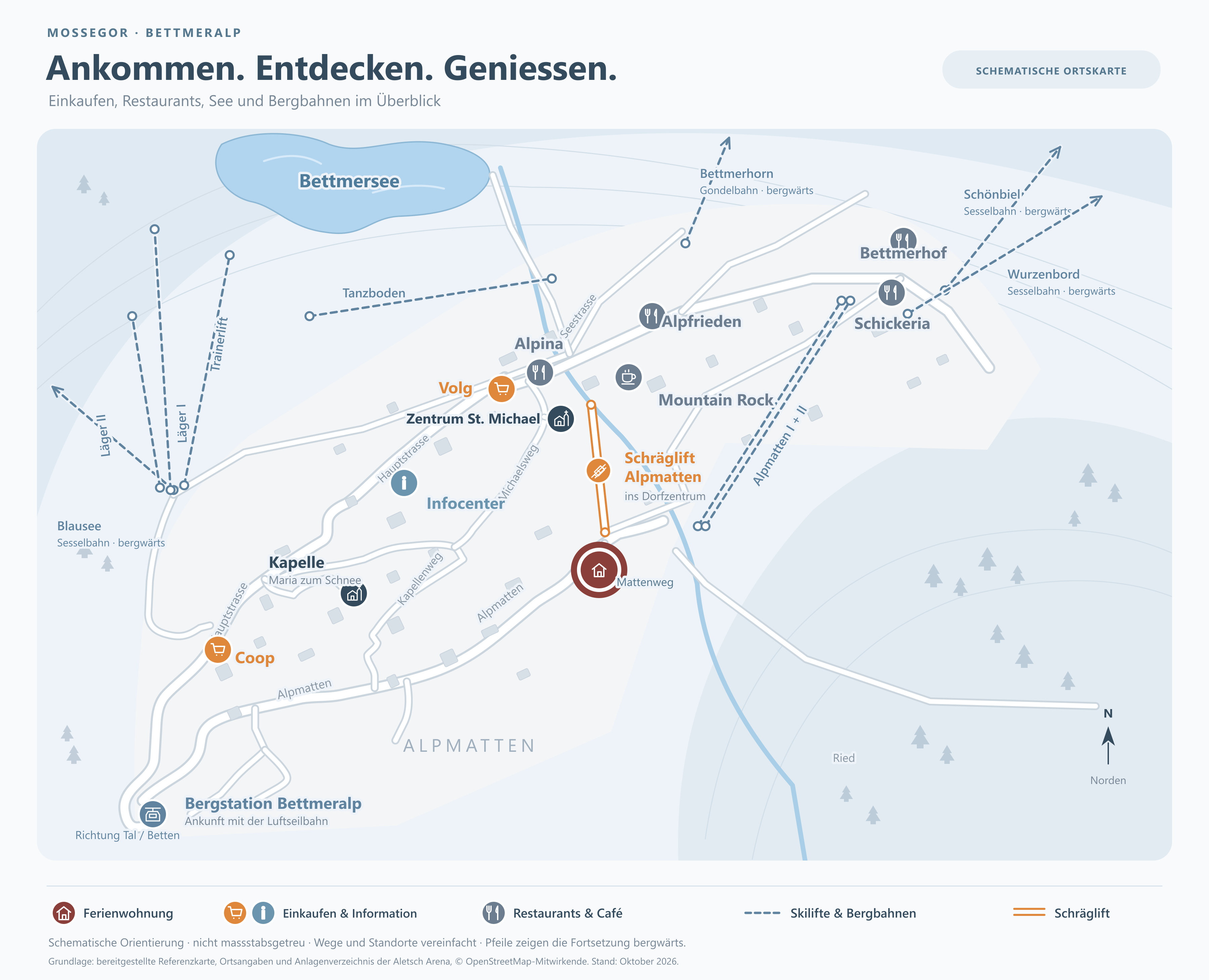 Schematischer Situationsplan der Bettmeralp mit Ferienwohnung Mossegor am Mattenweg, Einkaufsmöglichkeiten, Restaurants und Bergbahnen
